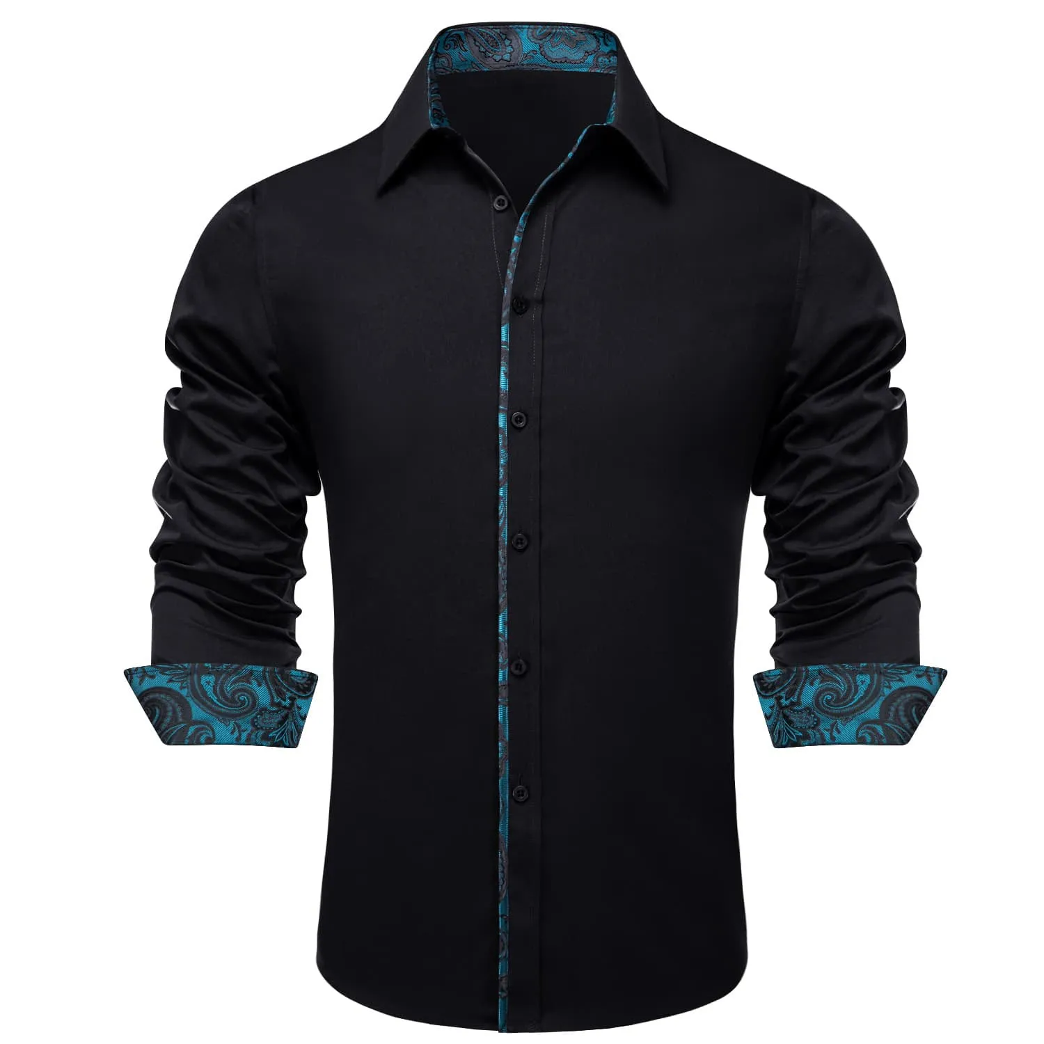 Ties2you Button Down Shirt Black Solid Teal Splicing Mens Silk Shirt