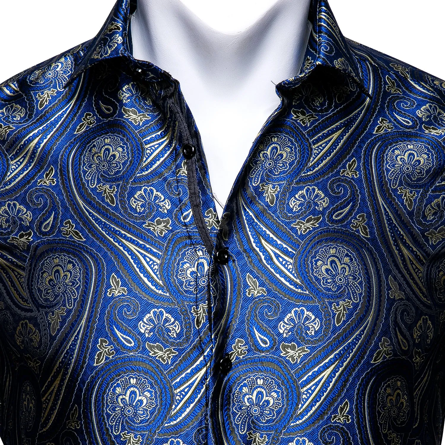 Ties2you Button Down Shirt Blue Paisley Silk Men's Long Sleeve Shirt