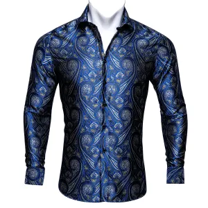 Ties2you Button Down Shirt Blue Paisley Silk Men's Long Sleeve Shirt