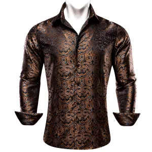 Ties2you Button Down Shirt Brown Blue Paisley Silk Men's Long Sleeve Shirt