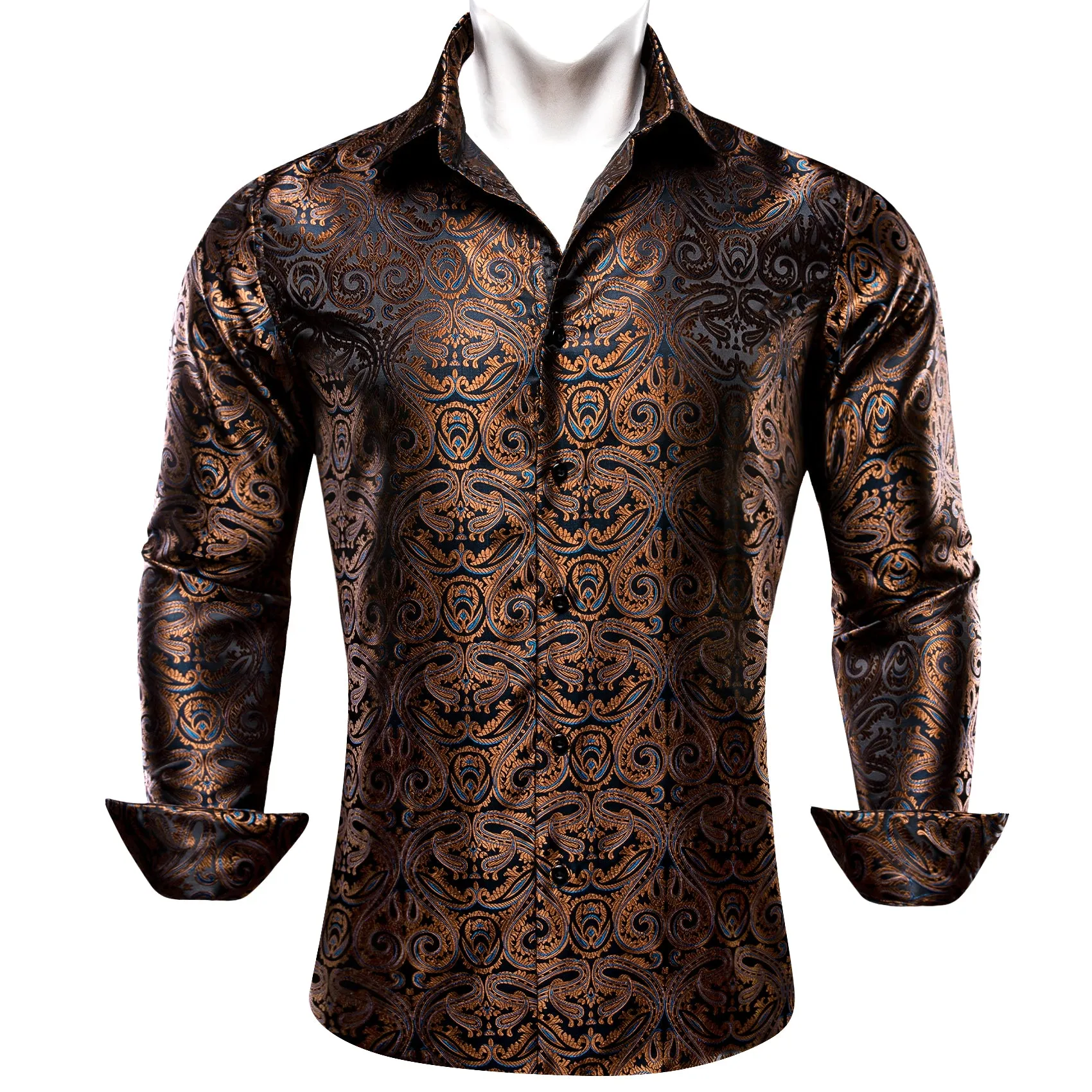 Ties2you Button Down Shirt Brown Blue Paisley Silk Men's Long Sleeve Shirt