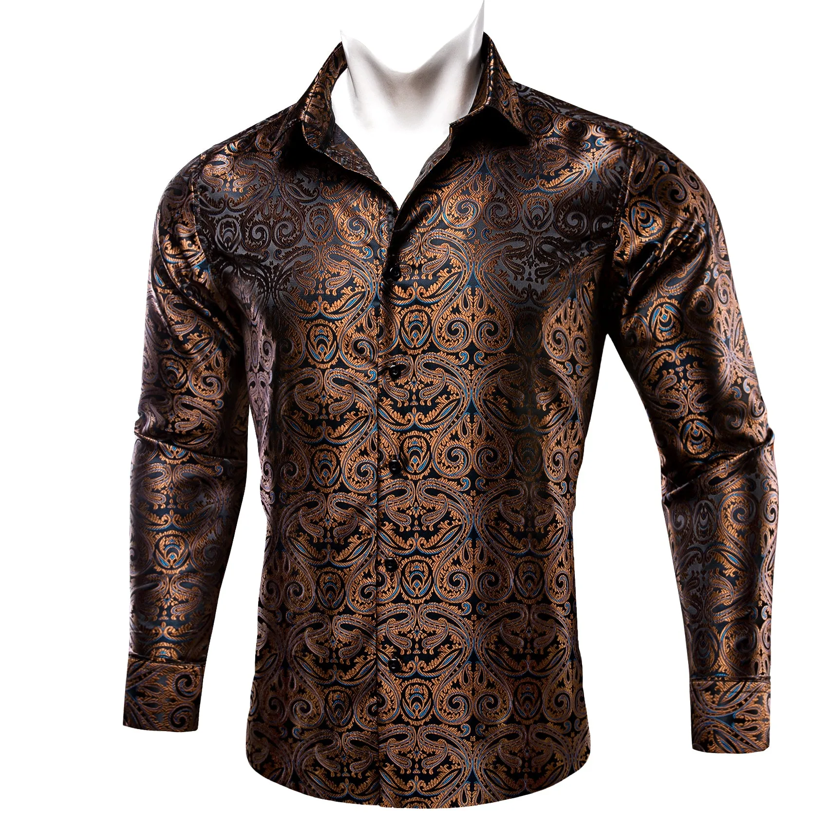 Ties2you Button Down Shirt Brown Blue Paisley Silk Men's Long Sleeve Shirt