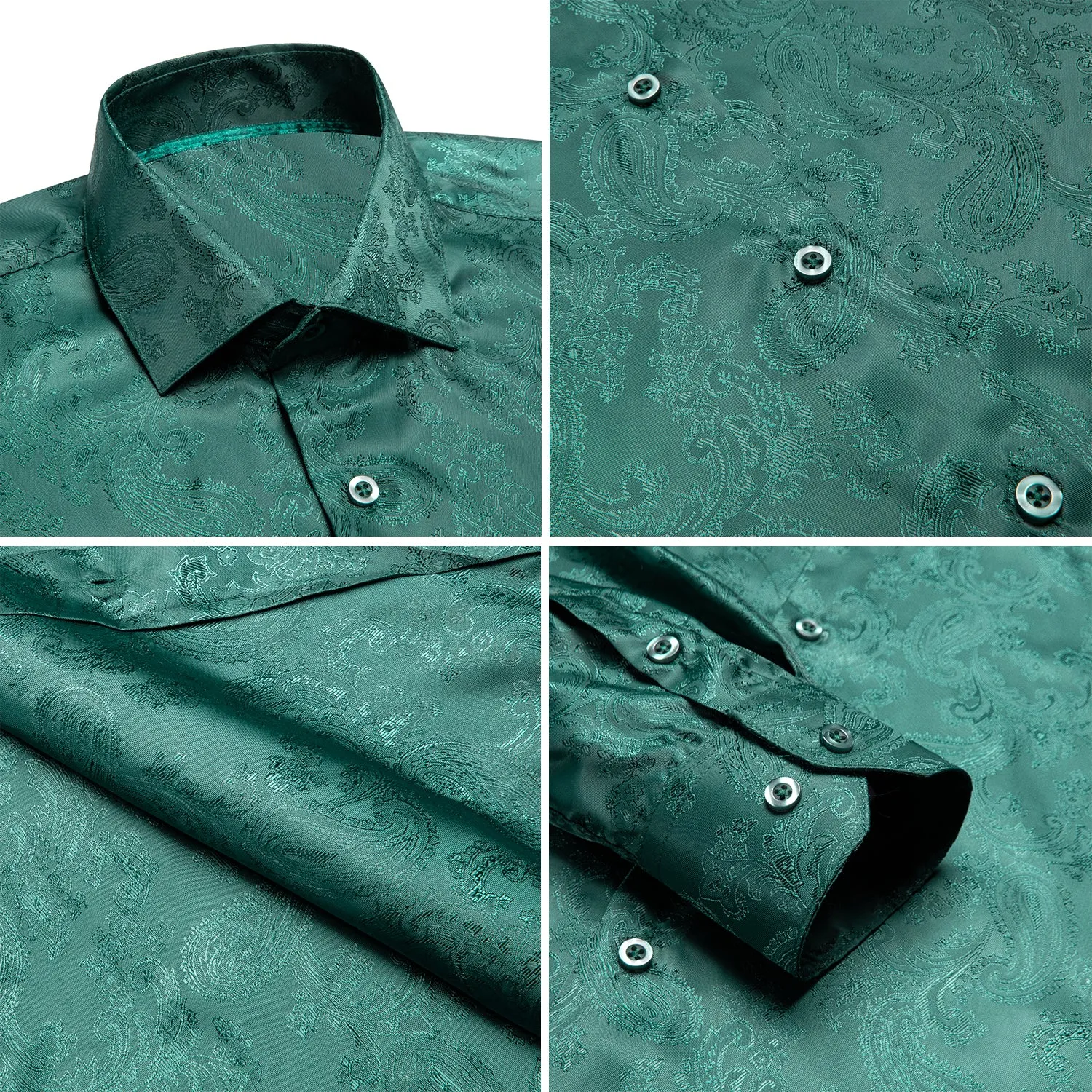 Ties2you Button Down Shirt Emerald Green Paisley Silk Long Sleeve Shirt for Men