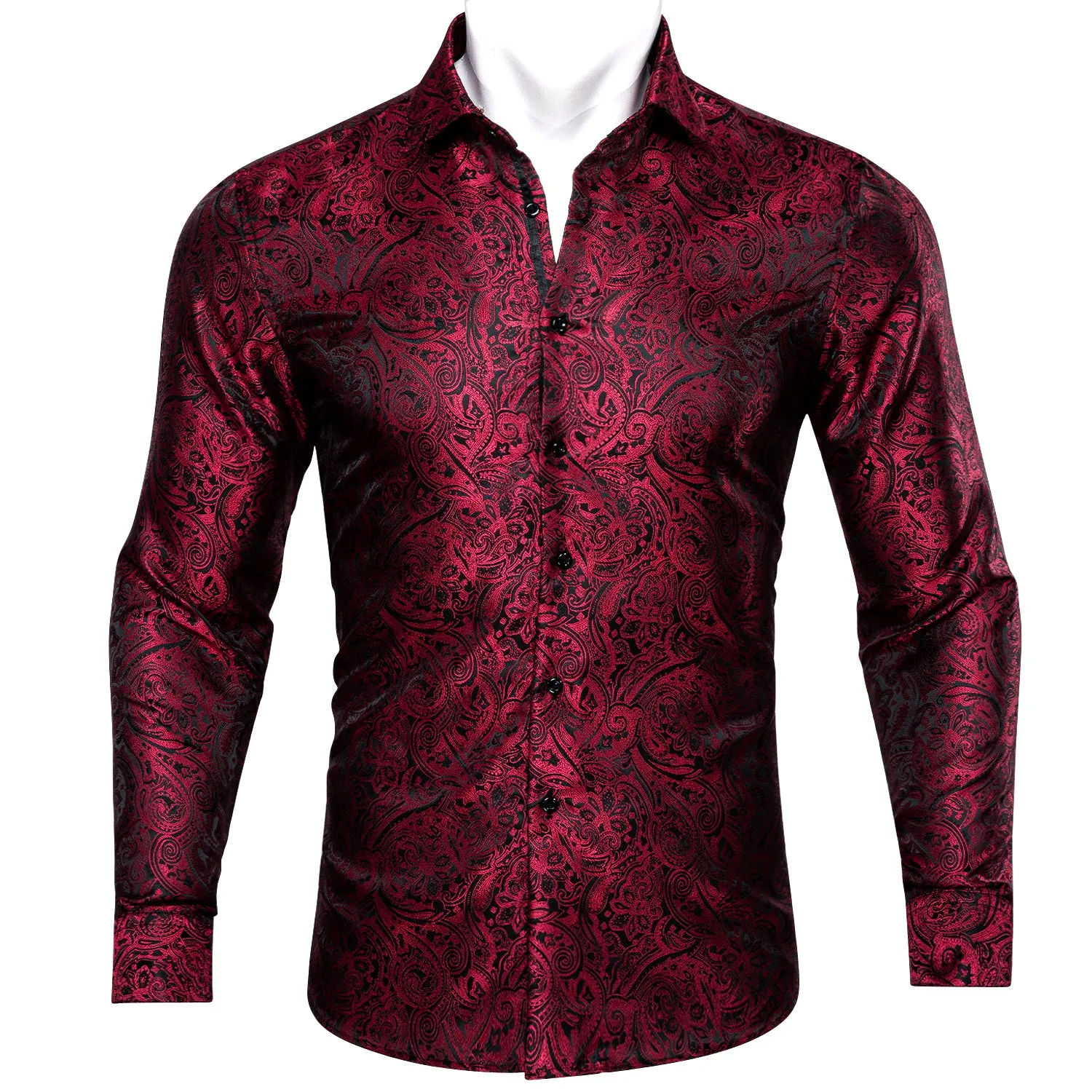 Ties2you Button Down Shirt Red Black Paisley Men's Long Sleeve Silk Shirt