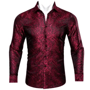 Ties2you Button Down Shirt Red Black Paisley Men's Long Sleeve Silk Shirt