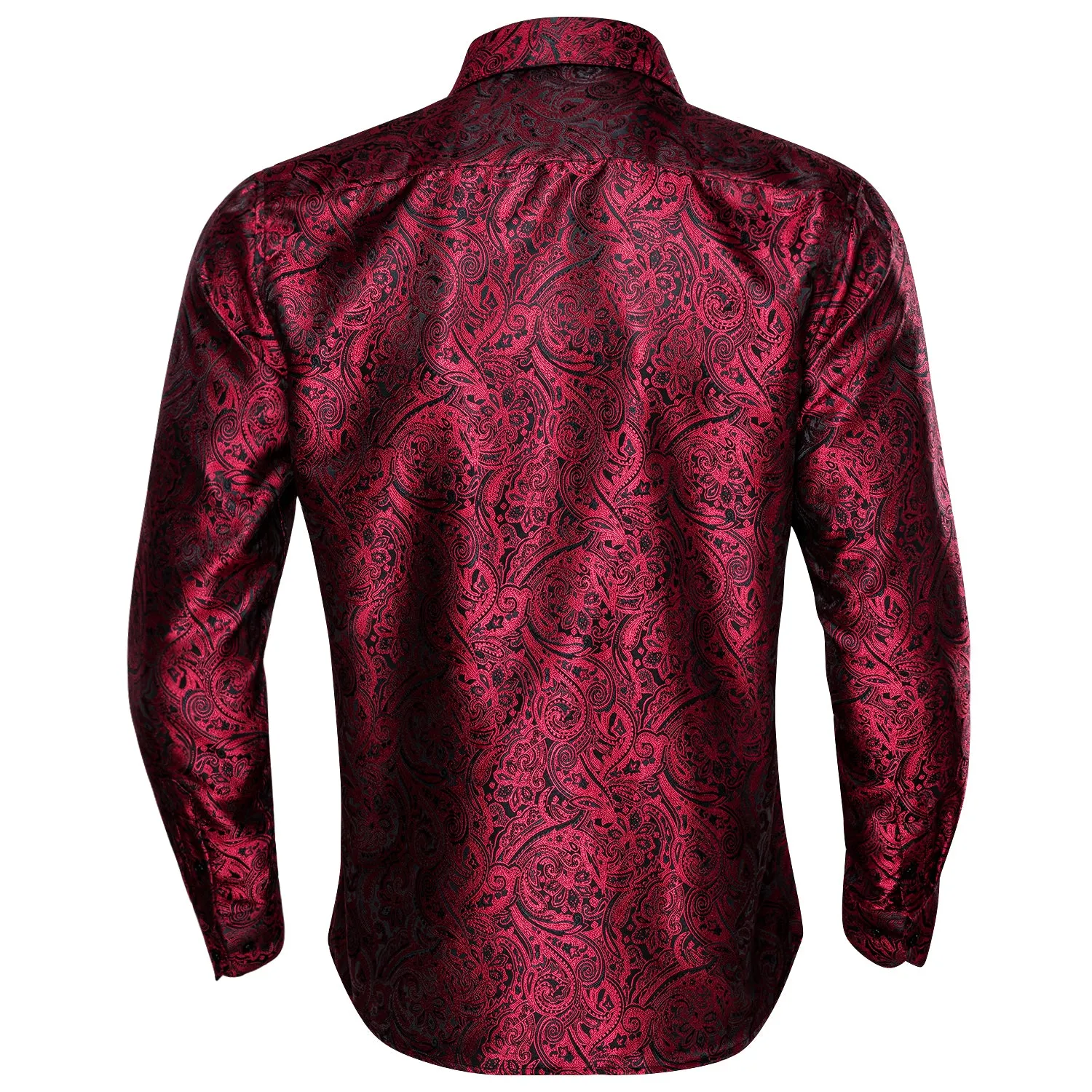 Ties2you Button Down Shirt Red Black Paisley Men's Long Sleeve Silk Shirt