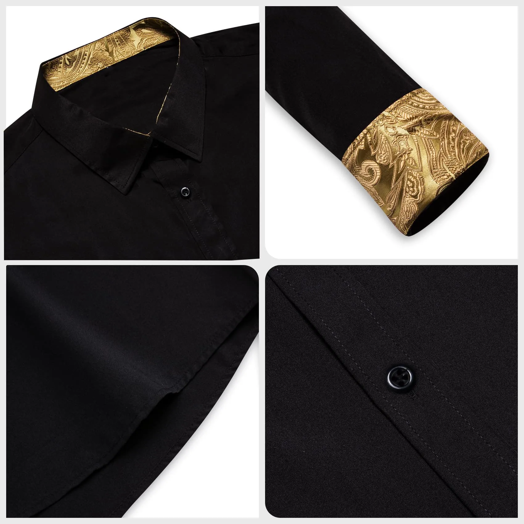 Ties2you Button Up Shirt Onyx Black Splicing Gold Silk Long Sleeve Shirt for Men