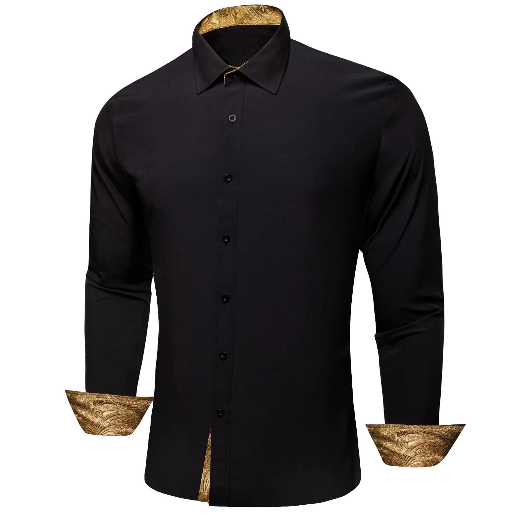 Ties2you Button Up Shirt Onyx Black Splicing Gold Silk Long Sleeve Shirt for Men