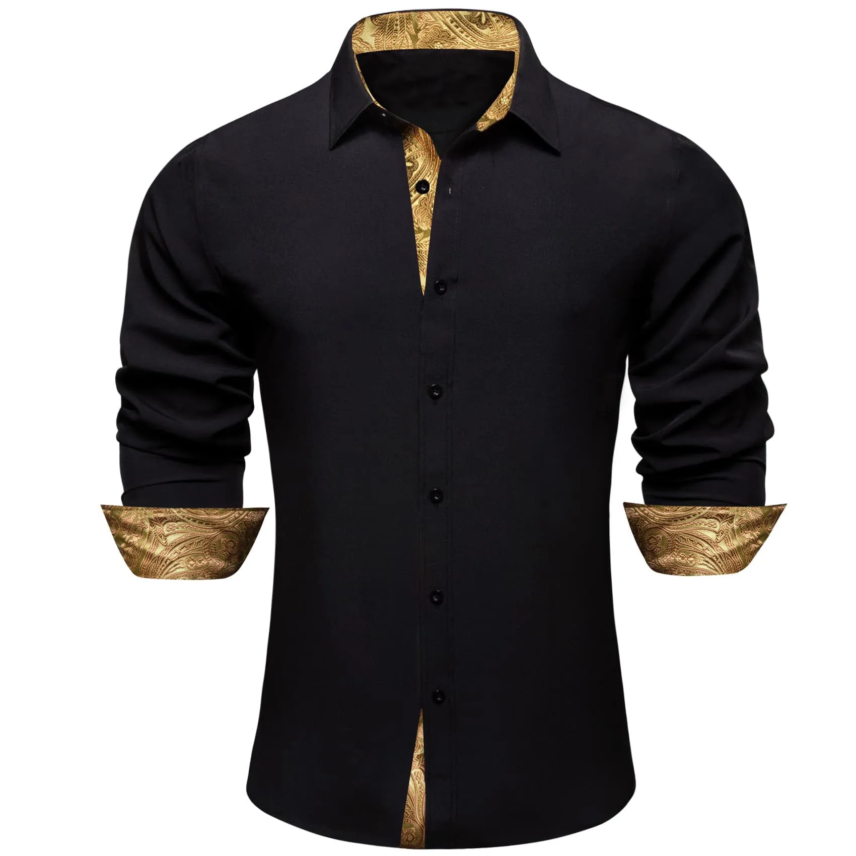 Ties2you Button Up Shirt Onyx Black Splicing Gold Silk Long Sleeve Shirt for Men