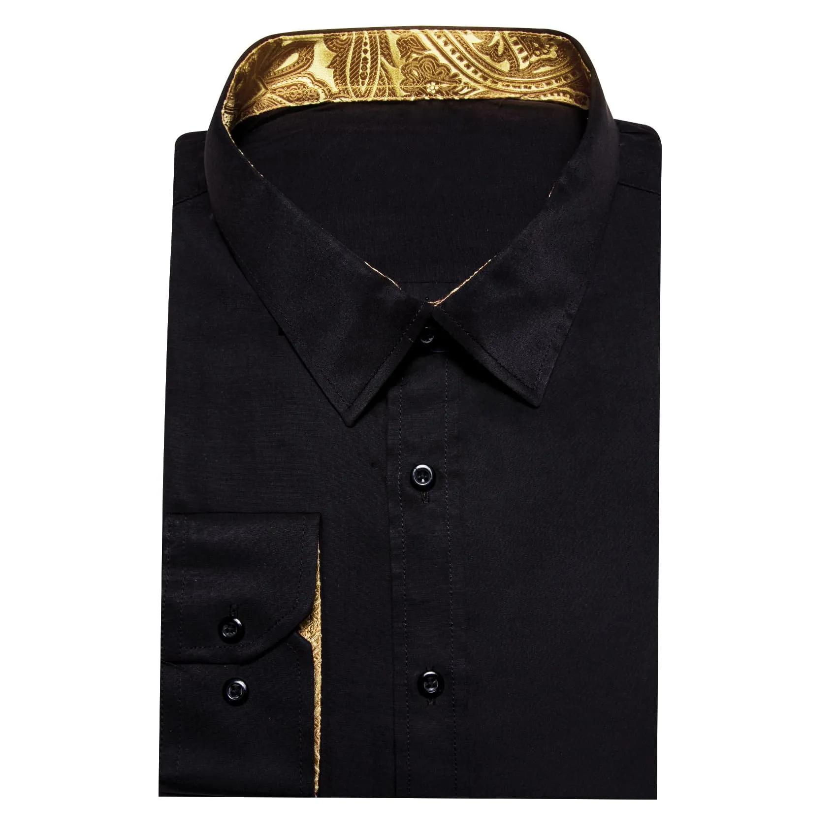 Ties2you Button Up Shirt Onyx Black Splicing Gold Silk Long Sleeve Shirt for Men