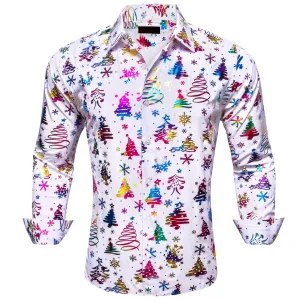 Ties2you Christmas Shirt White Colorful Xmas Tree Pattern Mens Button Up Shirt