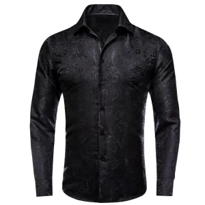 Ties2you Collared Shirt Coal Black Paisley Silk Mens Long Sleeve Tuxedo Button Up Shirt