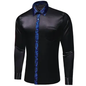 Ties2you Dress Shirt Black Solid Splicing Navy Blue Paisley Button Down Long Sleeve Shirts for Men