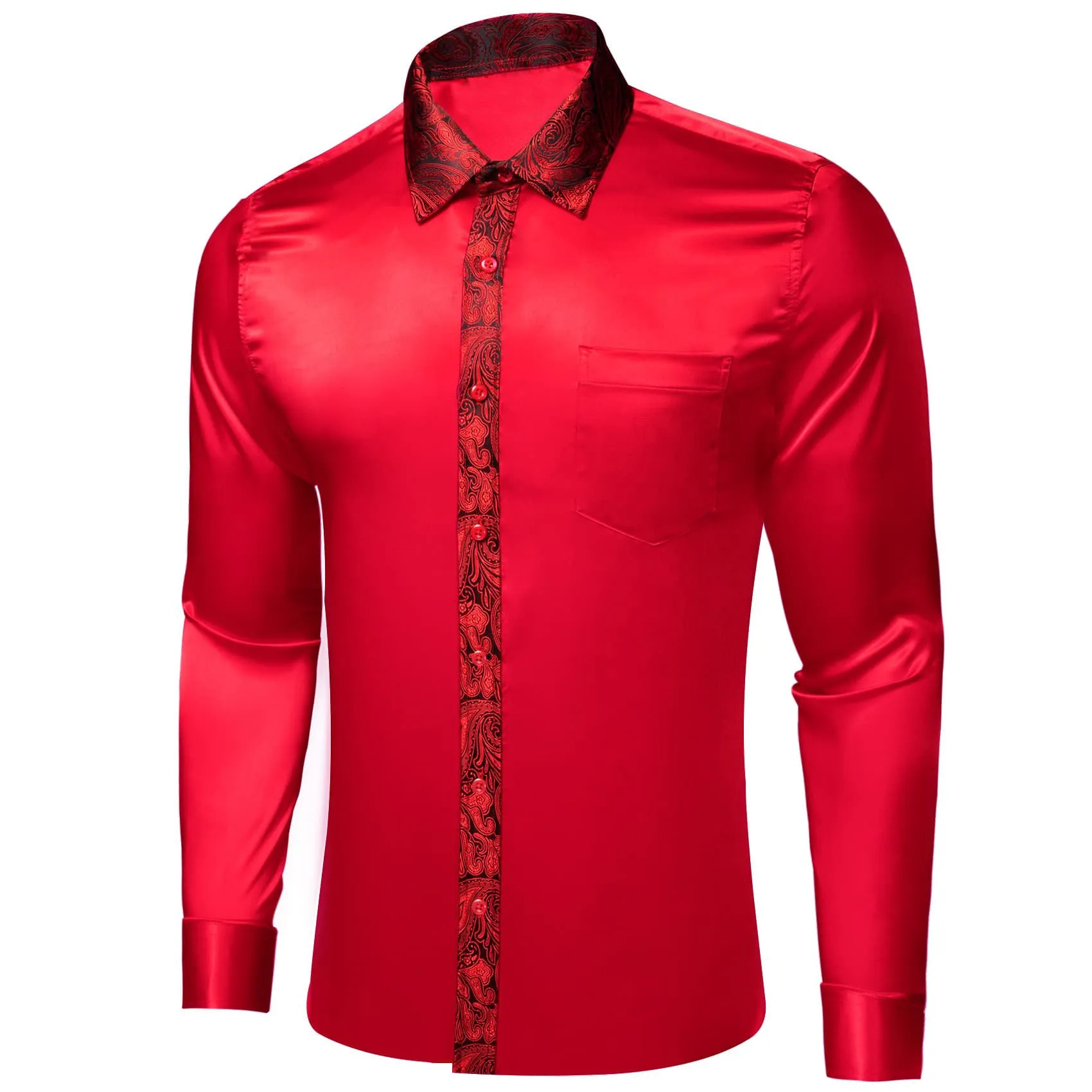 Ties2you Dress Shirt Red Solid Splicing Paisley Button Up Long Sleeve Mens Shirts