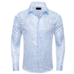 Ties2you Dress Shirt Sky Blue Floral Silk Long Sleeve Button Up Shirt for Men