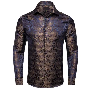 Ties2you Mens Shirt Brown Blue Jacquard Paisley Silk Dress Long Sleeve Shirt