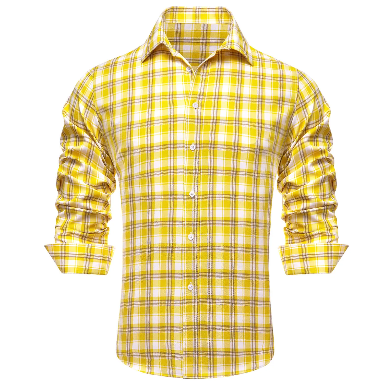 Ties2you Men's Shirt Yellow White Plaid Men's Silk Long Sleeve Shirt