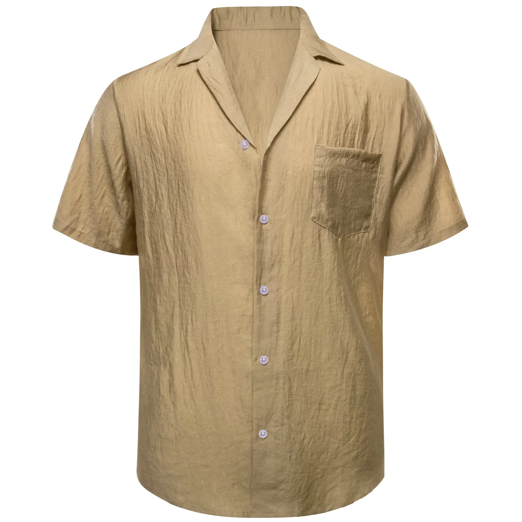 Ties2you Short Sleeve Shirt Khaki Solid Men's Silk Notched Collar Button Down Shirt