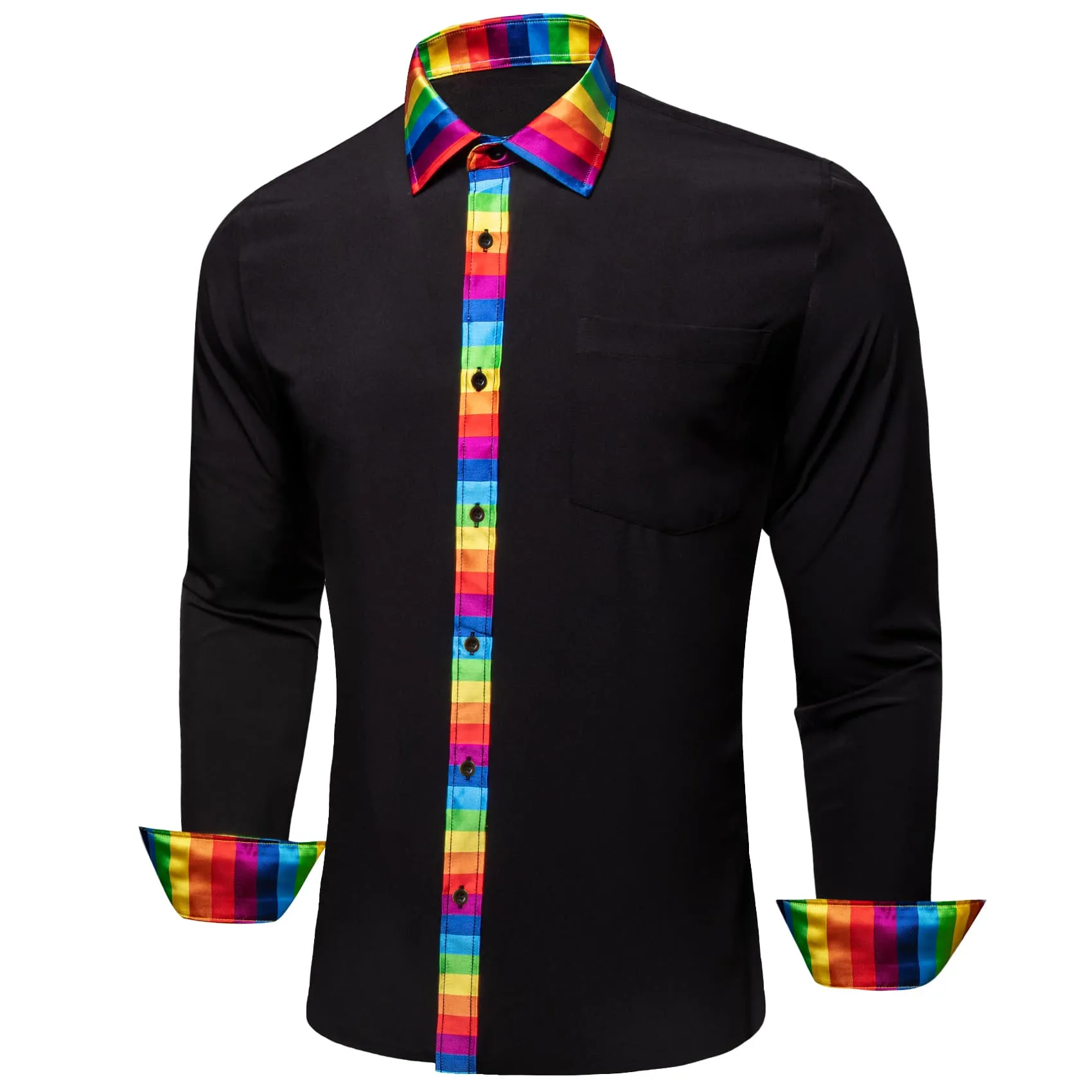 Ties2you Work Shirt Black Colorful Splicing Long Sleeve Silk Mens Button Up Shirt