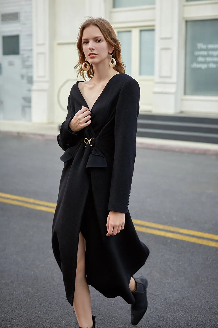 V-neck woolen coat