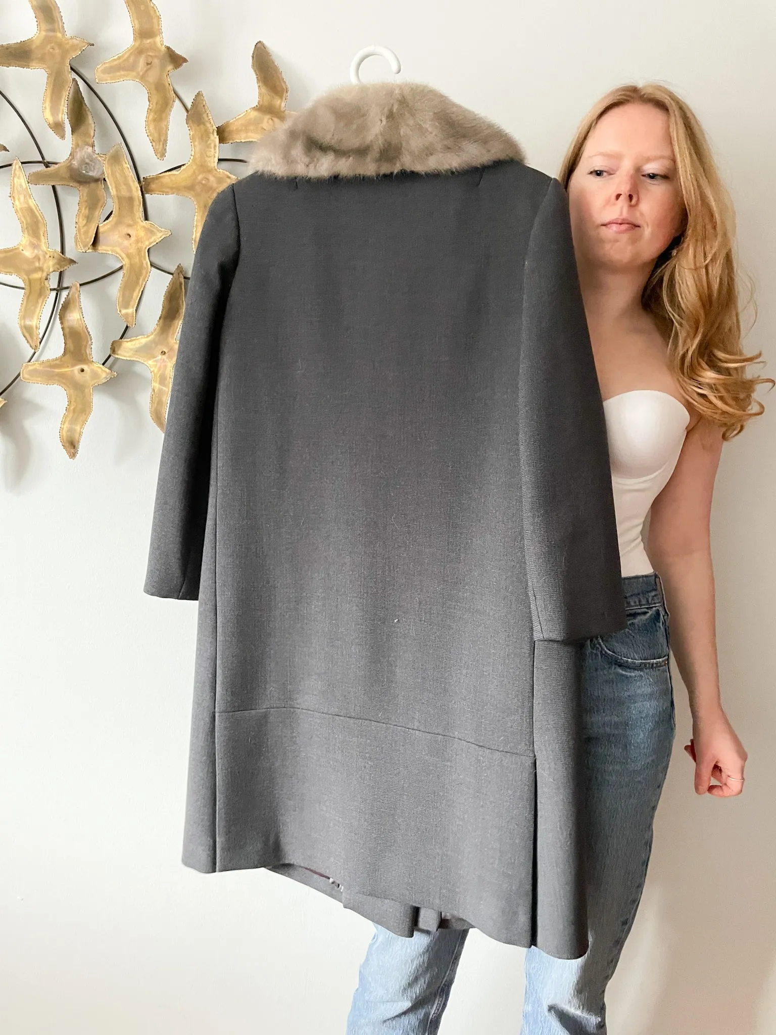 Vintage Grey Wool Long Coat with Fur Trim - Small