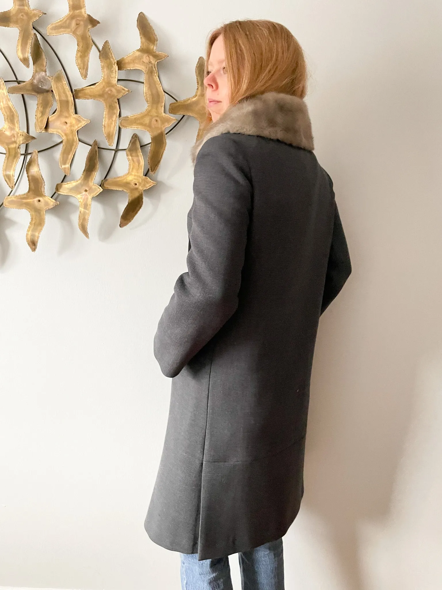 Vintage Grey Wool Long Coat with Fur Trim - Small