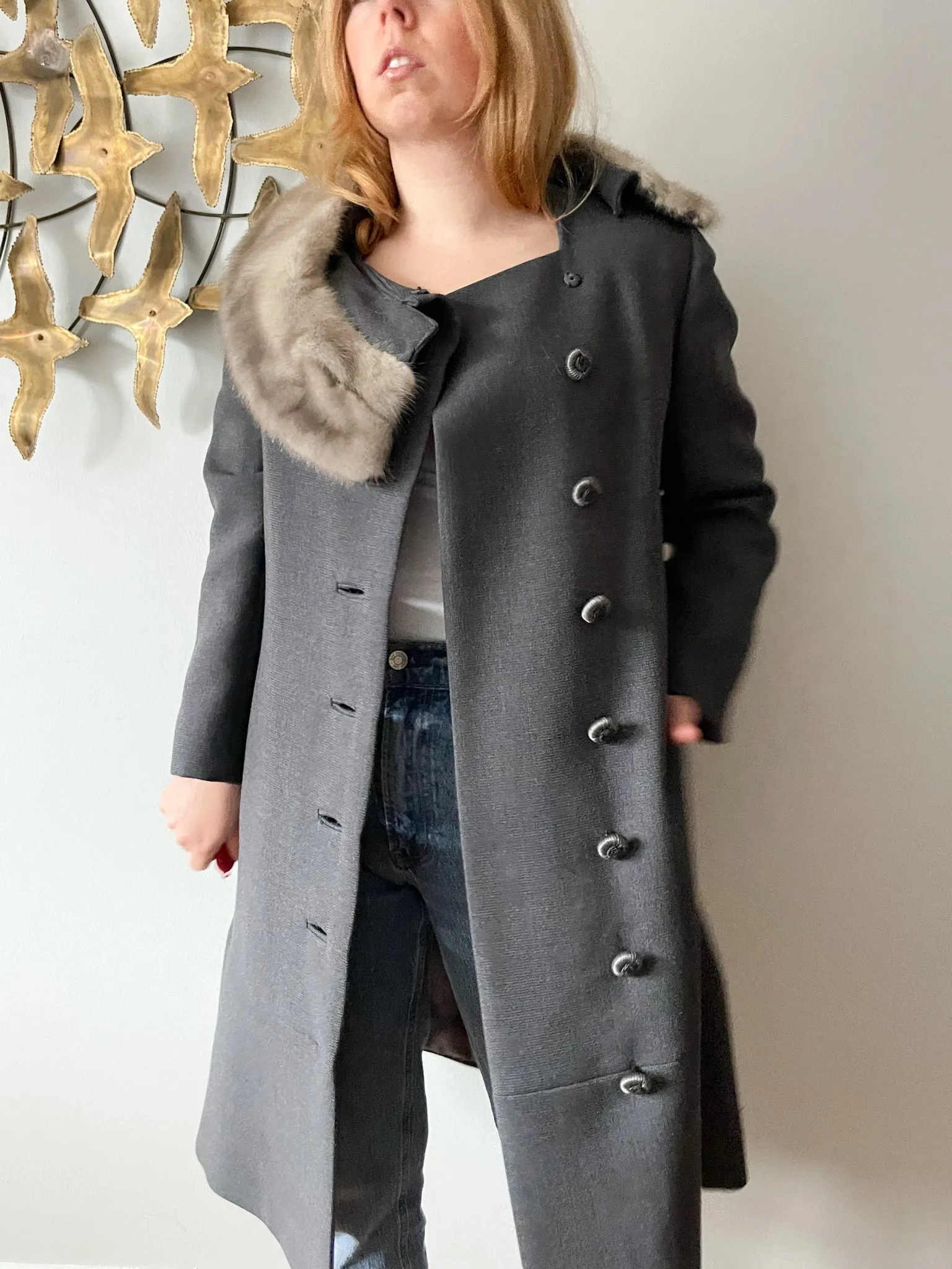 Vintage Grey Wool Long Coat with Fur Trim - Small