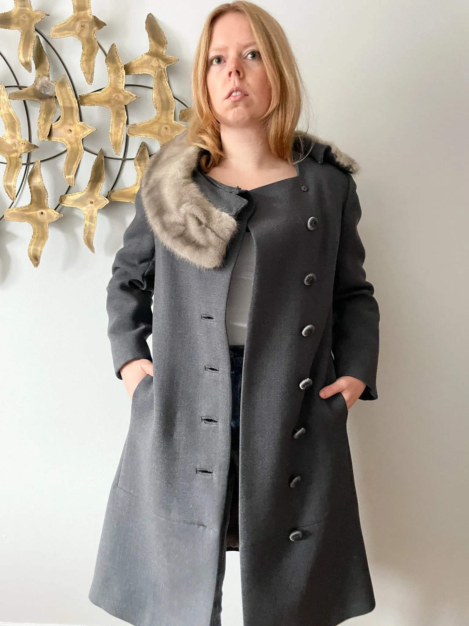 Vintage Grey Wool Long Coat with Fur Trim - Small