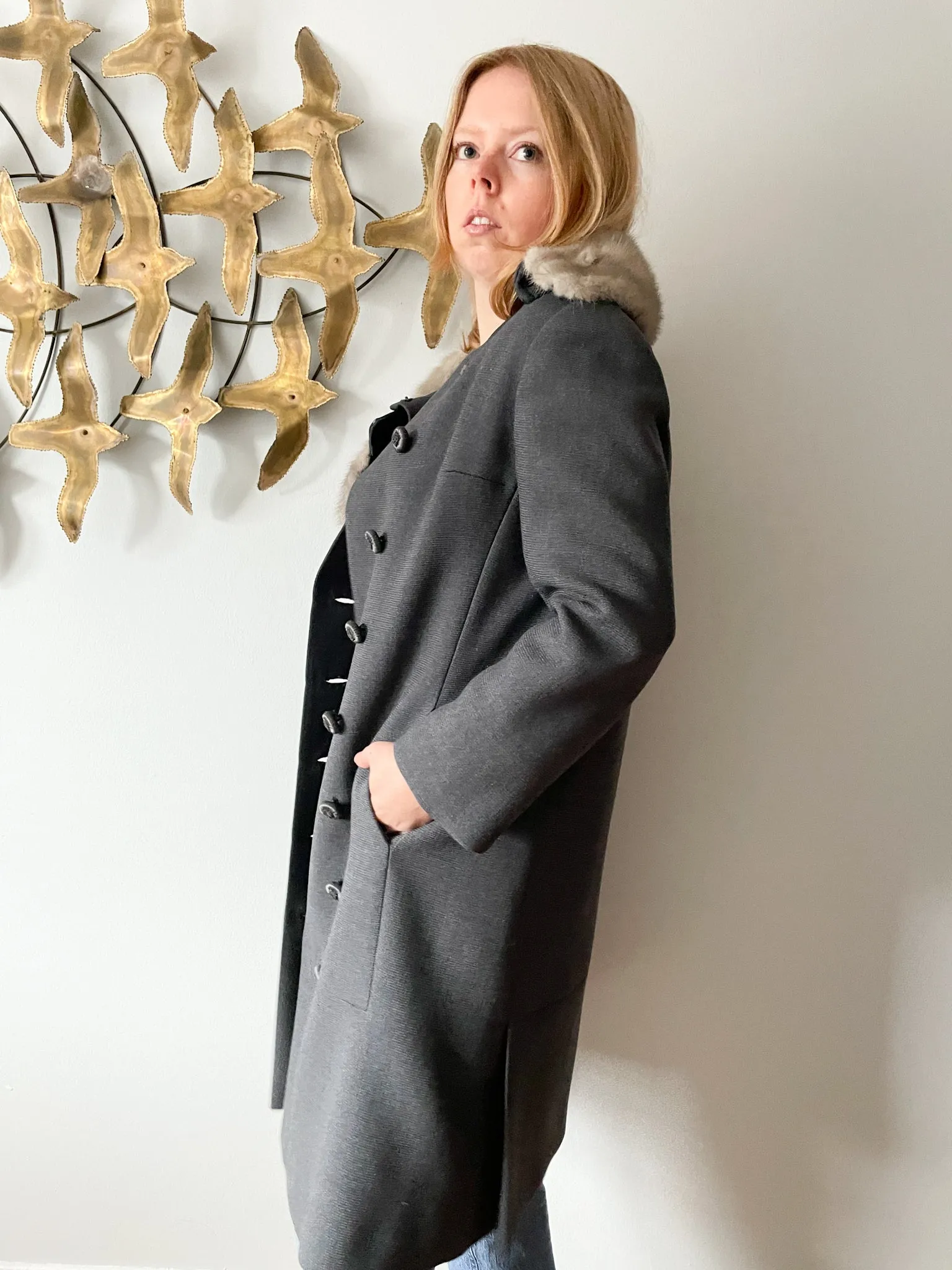 Vintage Grey Wool Long Coat with Fur Trim - Small