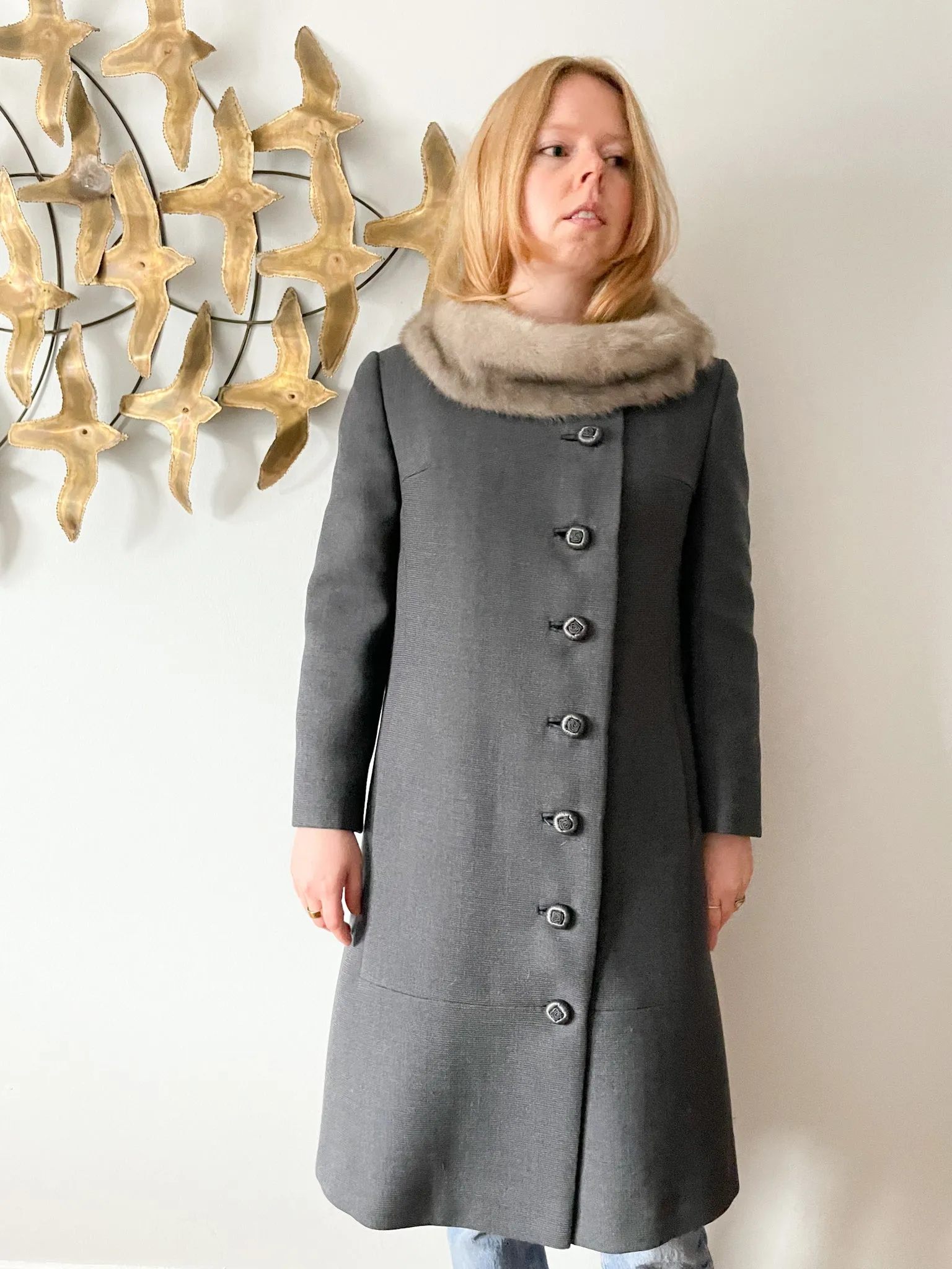 Vintage Grey Wool Long Coat with Fur Trim - Small