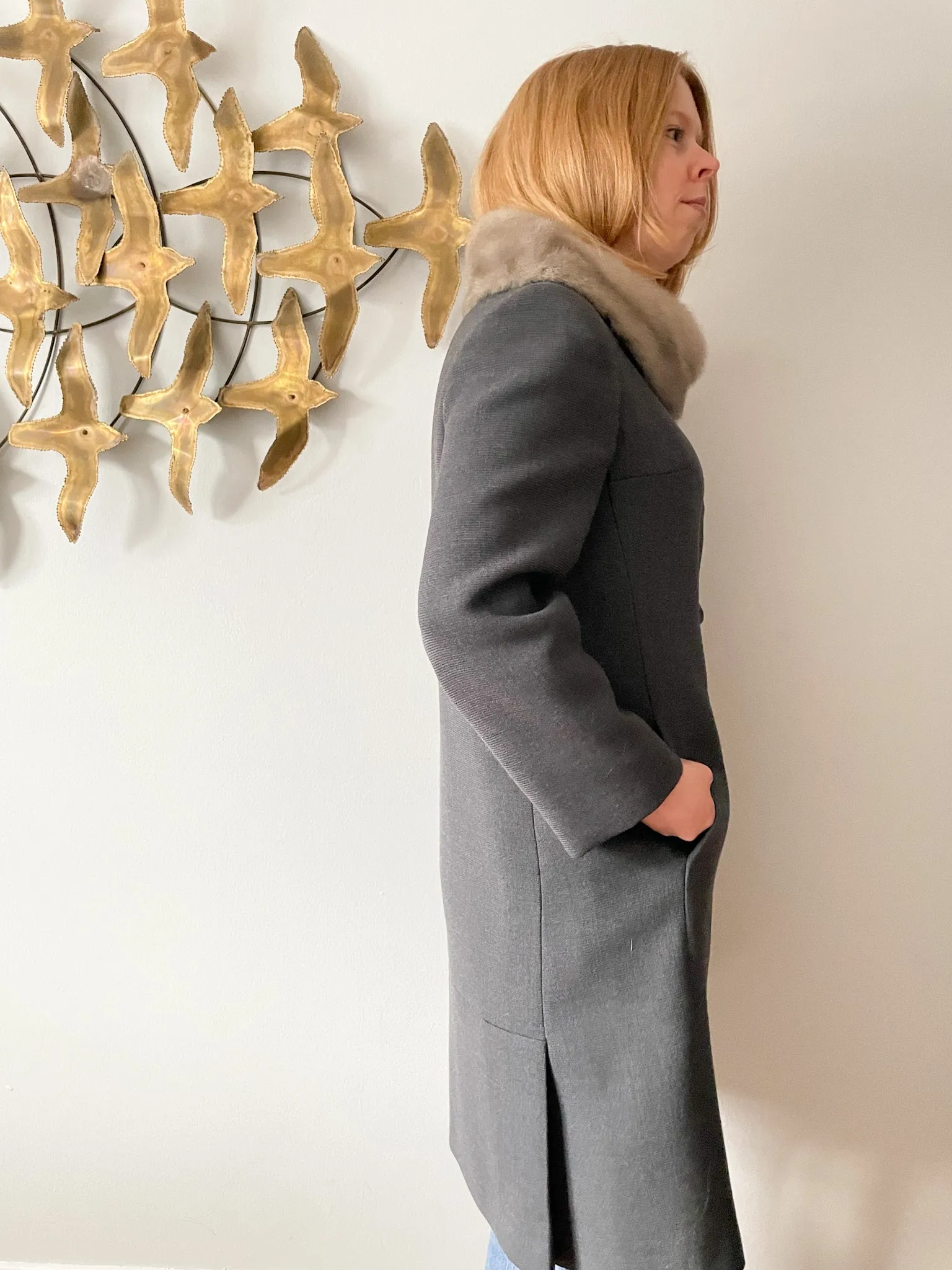 Vintage Grey Wool Long Coat with Fur Trim - Small