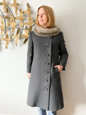 Vintage Grey Wool Long Coat with Fur Trim - Small