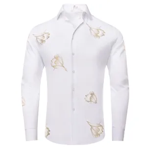 White Golden Floral Pattern Silk Men's Long Sleeve Shirt