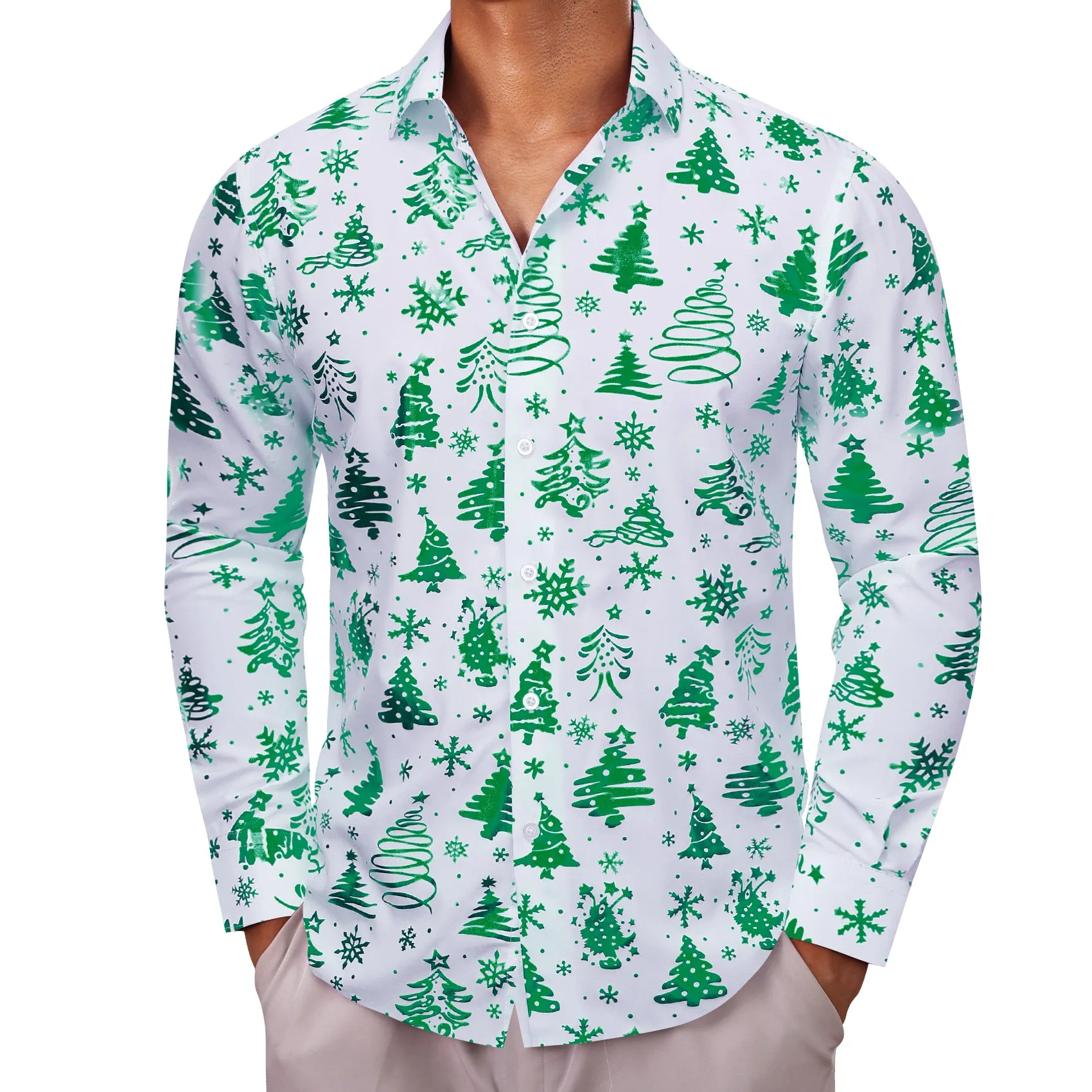 White Green Christmas Pattern Men Long Sleeve Shirt