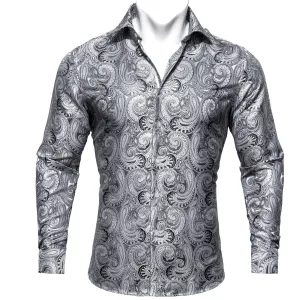 White Grey Paisley Style Silk Men's Long Sleeve Shirt