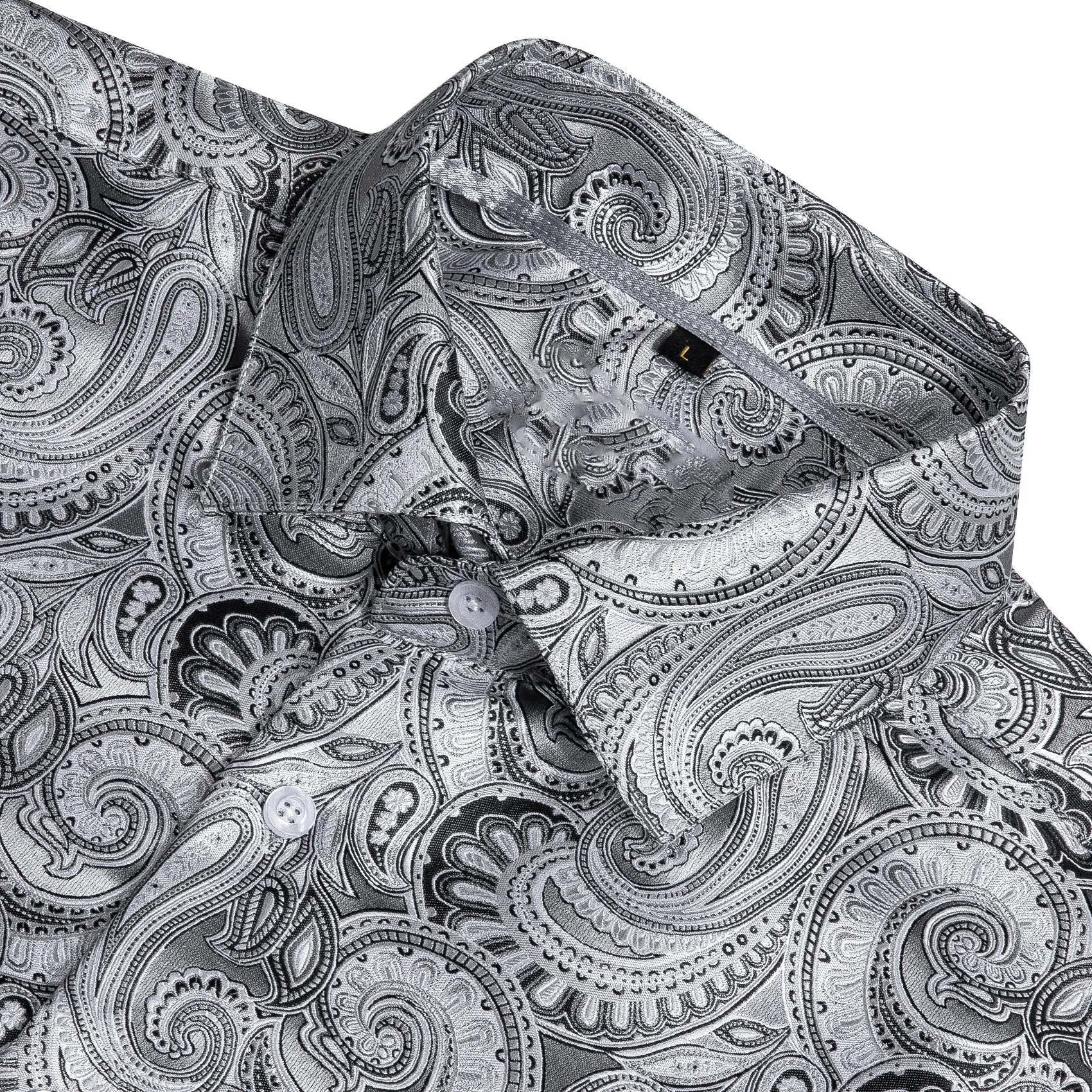 White Grey Paisley Style Silk Men's Long Sleeve Shirt