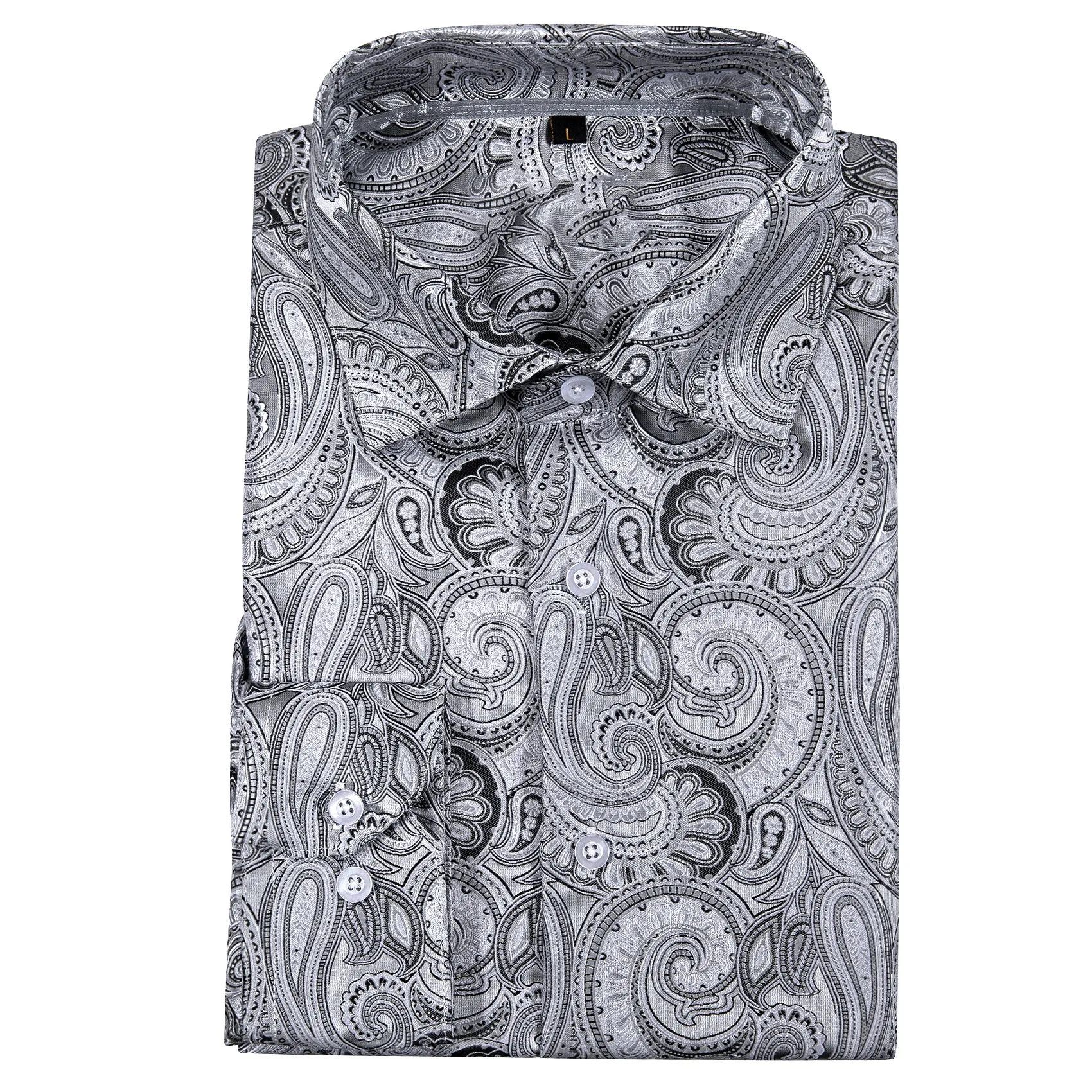 White Grey Paisley Style Silk Men's Long Sleeve Shirt