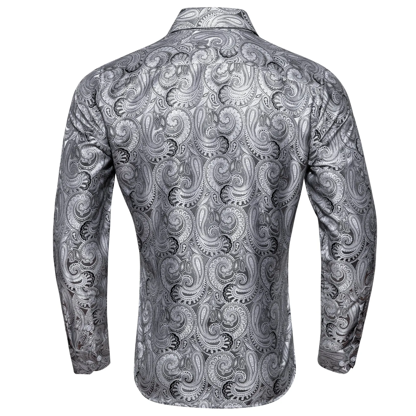 White Grey Paisley Style Silk Men's Long Sleeve Shirt