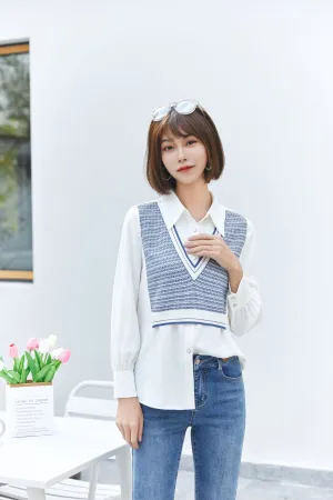 White Knit Vest Fake Two-Piece Shirt