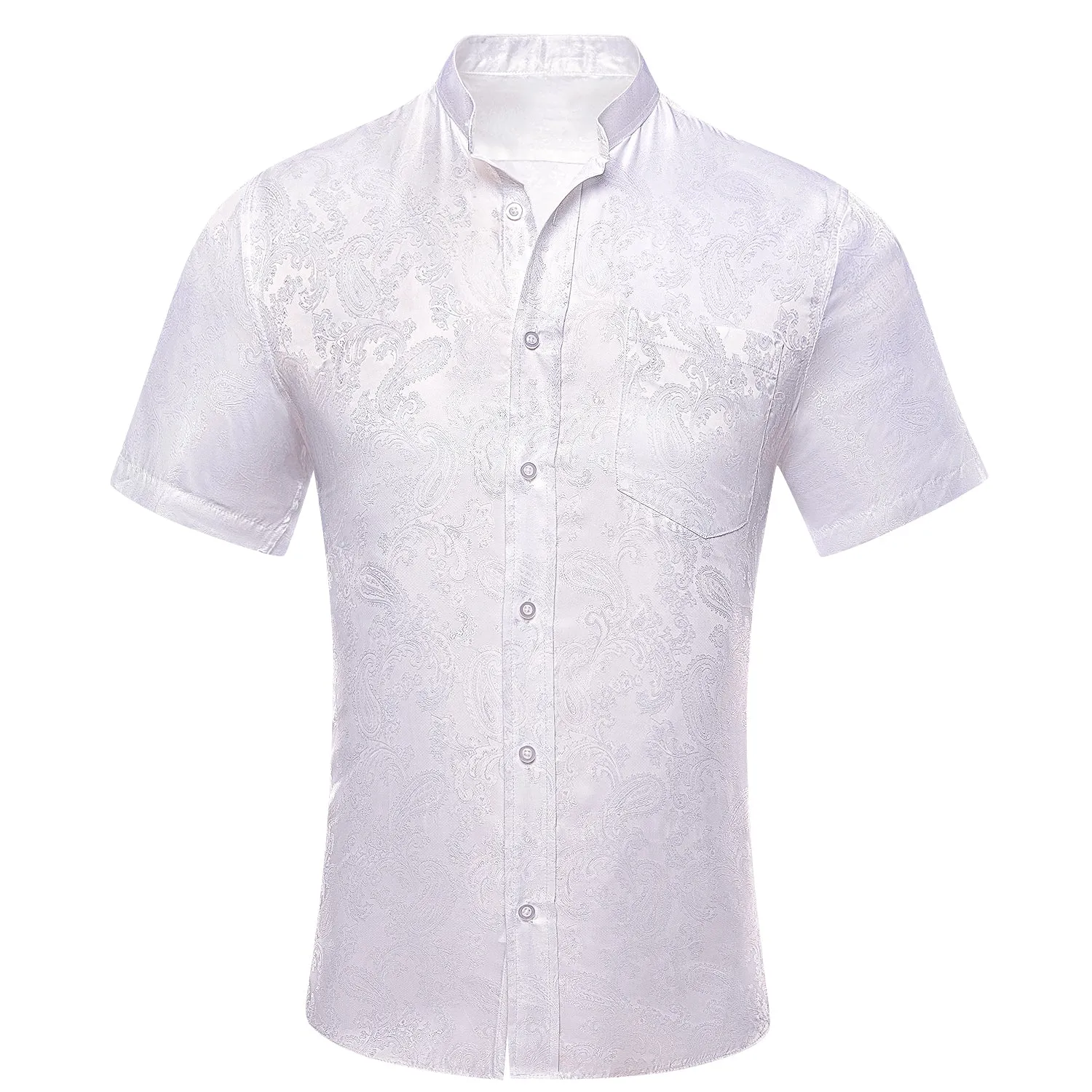 White Paisley Silk Men Short Sleeve Shirt