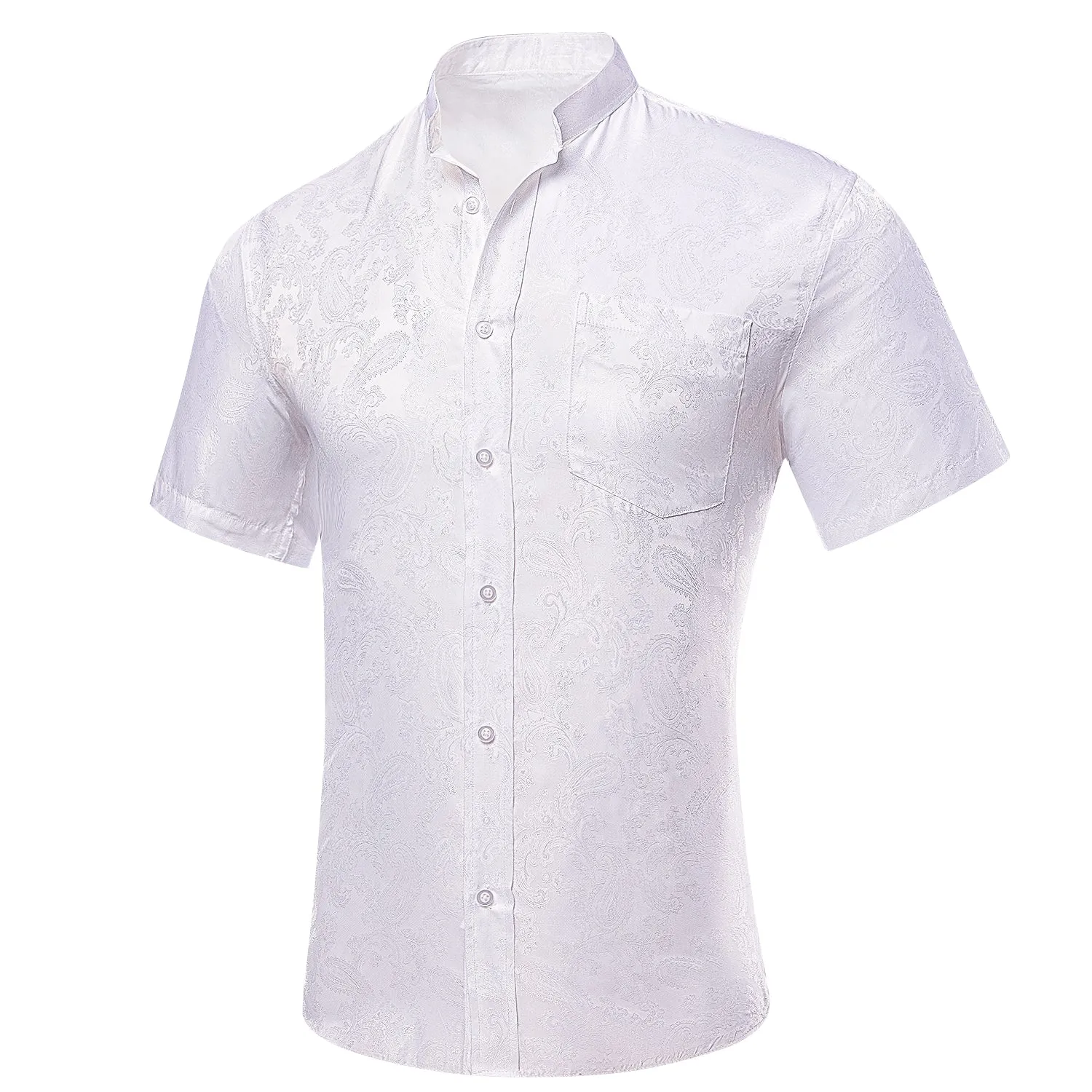 White Paisley Silk Men Short Sleeve Shirt