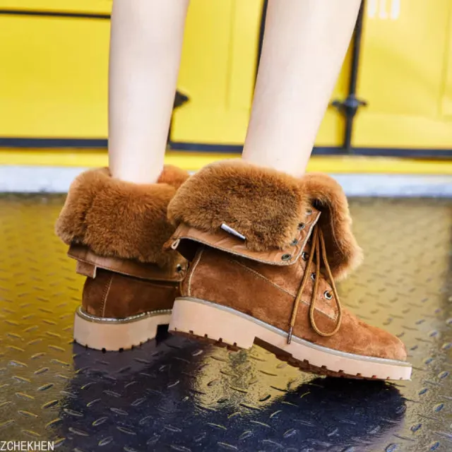 Winter Fur Snow Boots Women's Suede Leather Short Plush Oxford