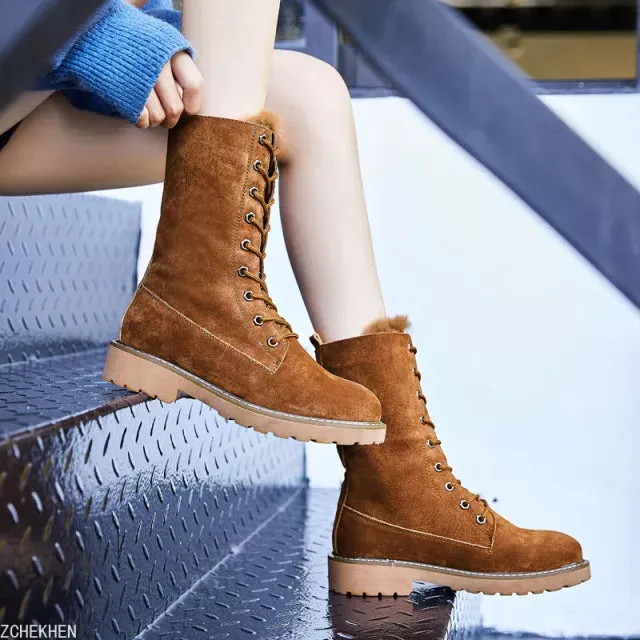 Winter Fur Snow Boots Women's Suede Leather Short Plush Oxford