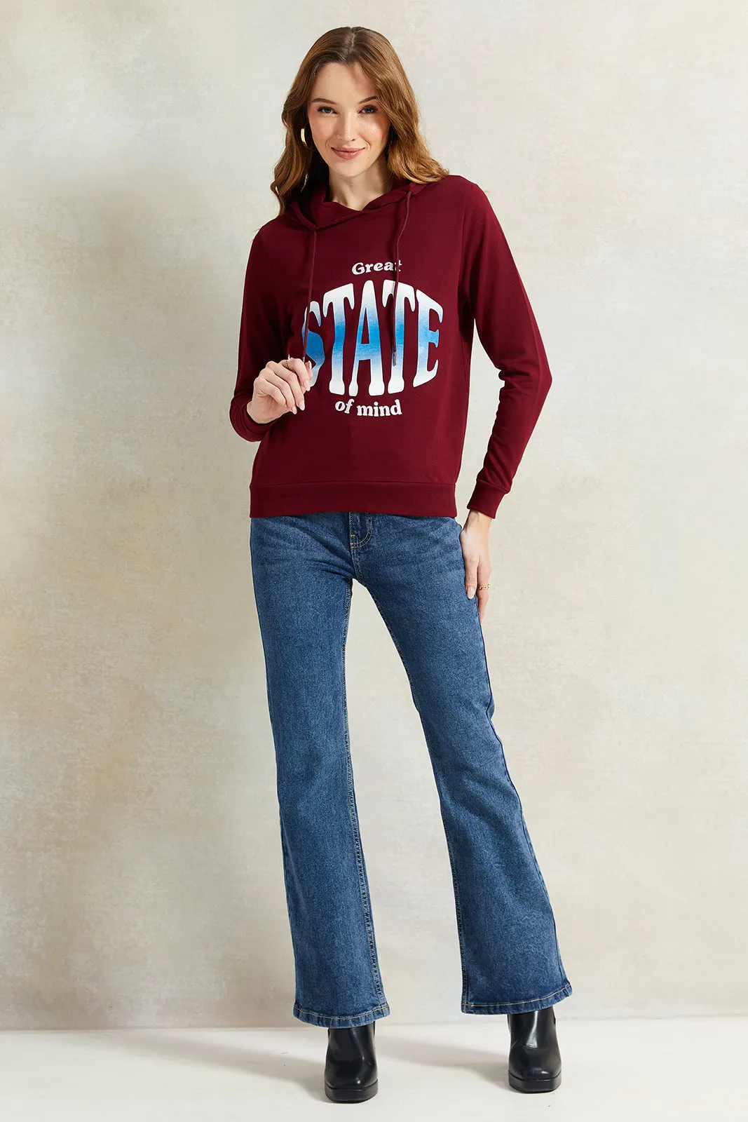 Women Burgundy Print Hooded Sweatshirt