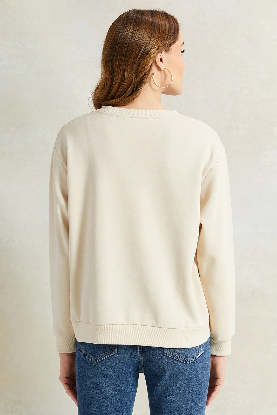 Women Cream Crochet Embroidered Pocket Sweatshirt