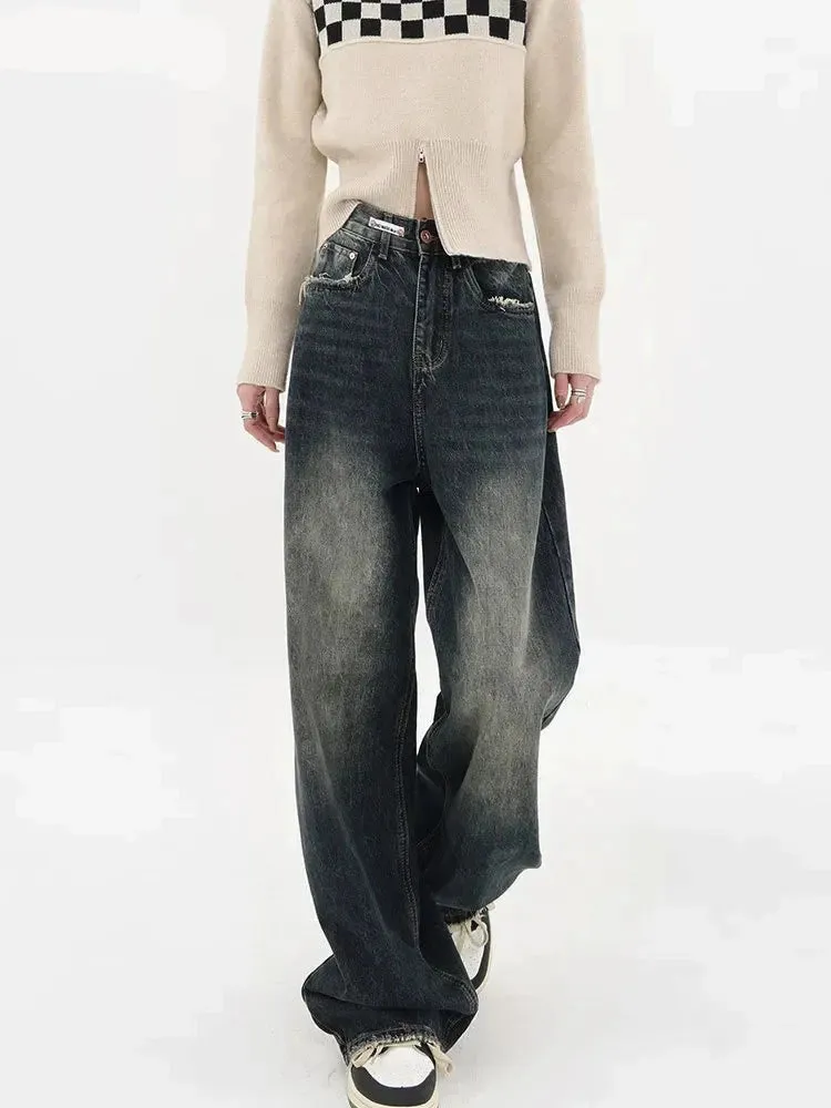 Women's Baggy Straight Leg Jeans: Deep Blue High Waisted Vintage Denim for Fall