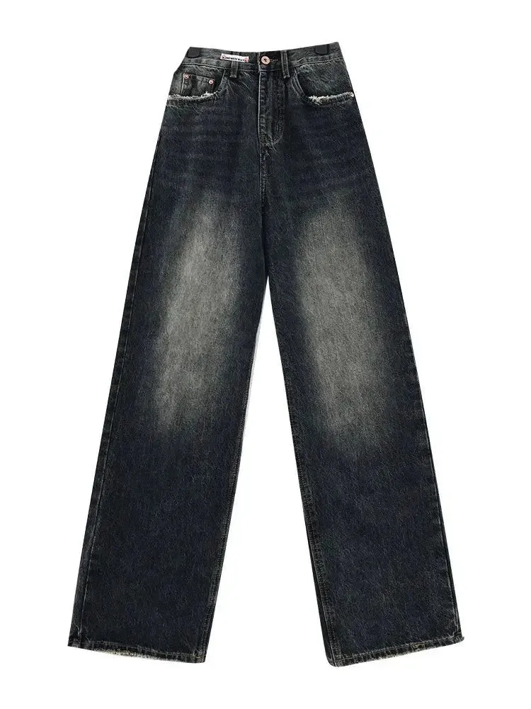 Women's Baggy Straight Leg Jeans: Deep Blue High Waisted Vintage Denim for Fall