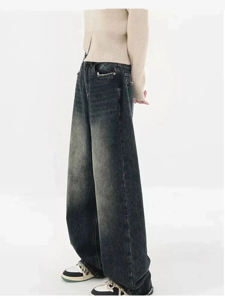 Women's Baggy Straight Leg Jeans: Deep Blue High Waisted Vintage Denim for Fall