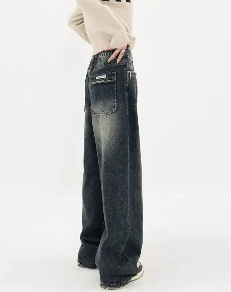 Women's Baggy Straight Leg Jeans: Deep Blue High Waisted Vintage Denim for Fall