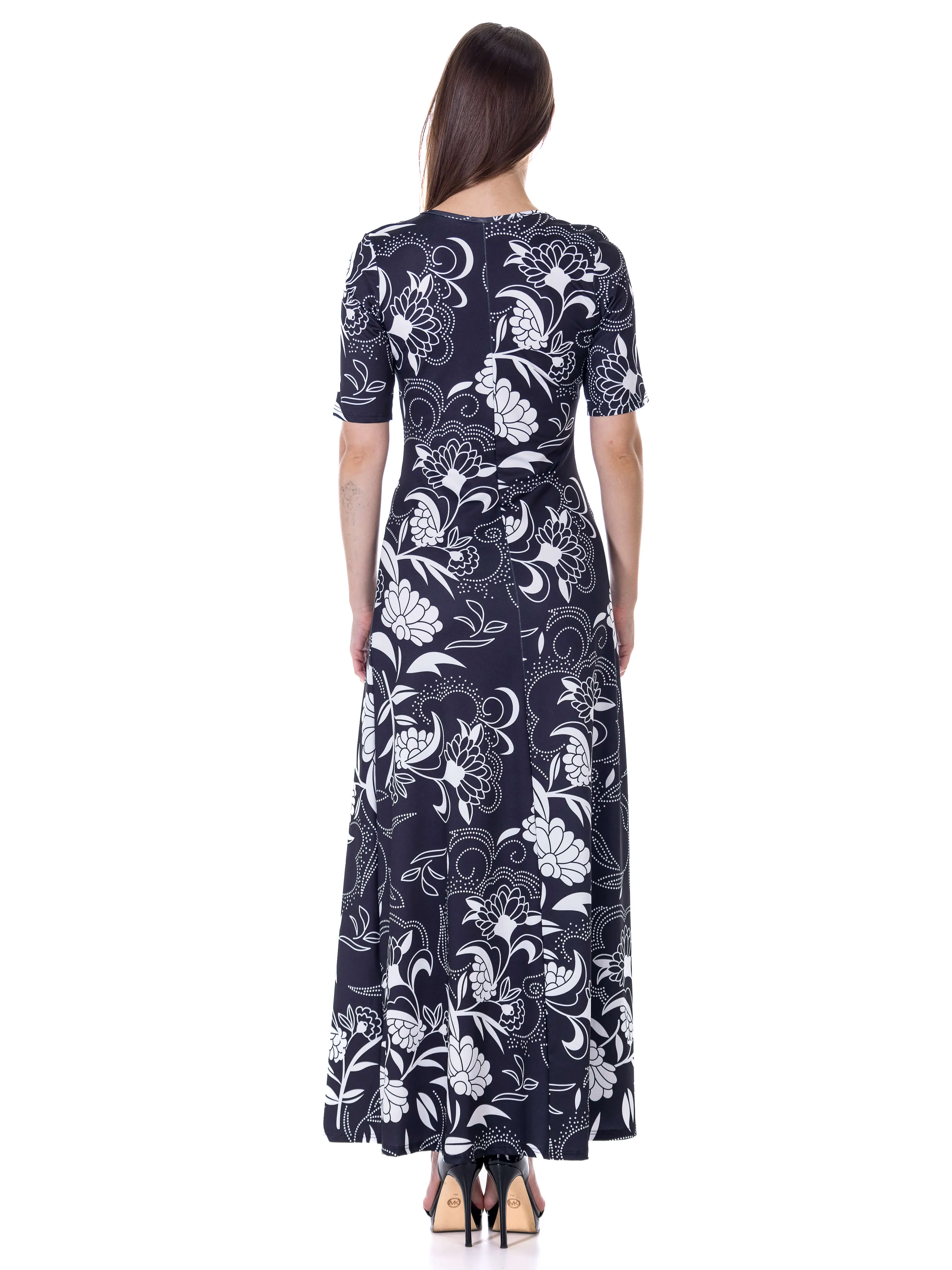 Womens  Black and White Elbow Sleeve Casual A Line Maxi Dress